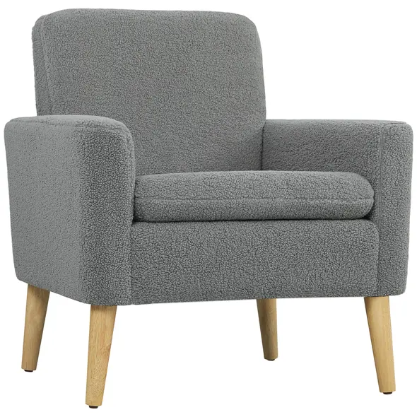 HOMCOM Armchair, Upholstered Accent Chair with Wood Legs and Wide Padded Seat, Teddy Occasional Chair, Grey - 1