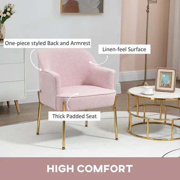 HOMCOM Accent Chair, Living Room Armchair, Vanity Chair with Gold Plating Metal Legs and Soft Padded Seat for Bedroom and Café, Set of 2, Pink - 4