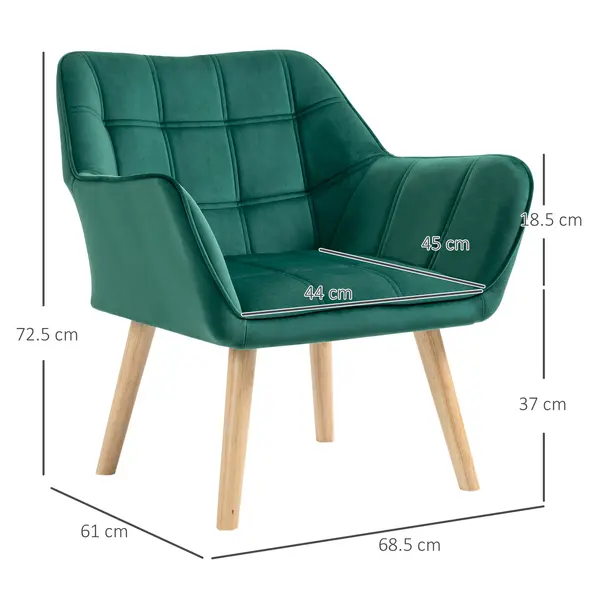 HOMCOM Armchair Accent Chair, Vanity Chair with Wide Arms, Slanted Back, Padding, Metal Frame, Wooden Legs, Home Bedroom Furniture Seating, Set of 2, Green - 3