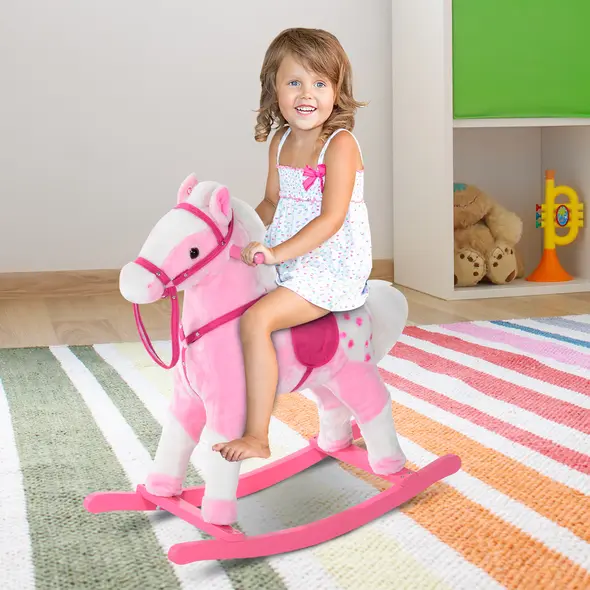 HOMCOM Baby Rocking Horse Plush Ride on Animals Rocker with Sound Handle Grip for Kids 3-6 Years - Pink - 2