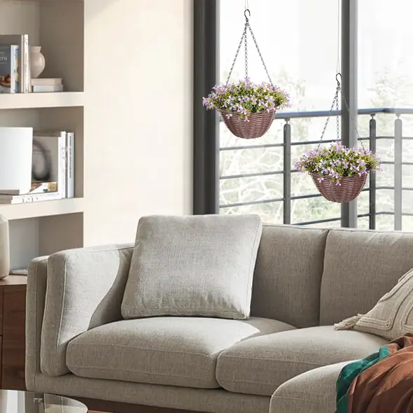 HOMCOM Artificial Flowers in Basket Set of 2, Artificial Hanging Baskets with 75 Leaves and 15 Flowers in Pot, Decorative Plant for Home Office Decor, Purple - 7