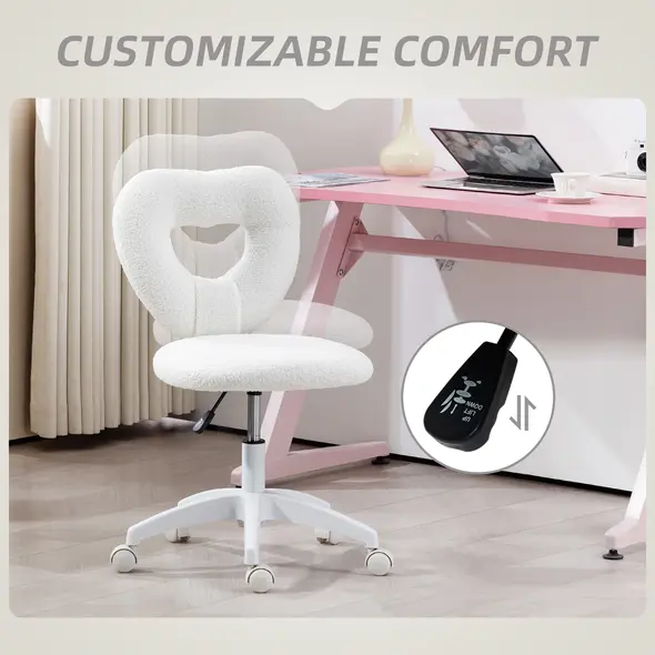 HOMCOM Armless Heart Computer Desk Chair, Teddy Fleece Swivel Office Chair, Makeup Vanity Chair with Height Adjustable, Wheels, for Home Study Bedroom, White - 7