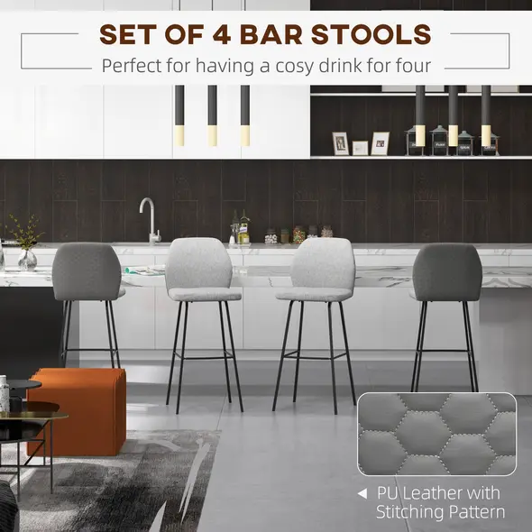 HOMCOM Bar Stools Set of 4, Linen-Touch Upholstered Bar Chairs, Kitchen Stools with Backs and Steel Legs for Dining Room, Light Grey - 4