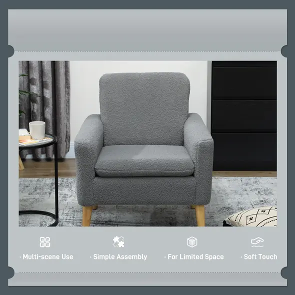 HOMCOM Armchair, Upholstered Accent Chair with Wood Legs and Wide Padded Seat, Teddy Occasional Chair, Grey - 6