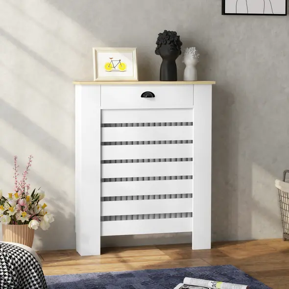 HOMCOM 95.5H x 78Wcm Radiator Cover, with Drawer - White - 9