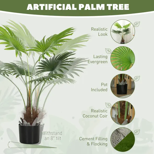 HOMCOM 94cm Artificial Palm Tree, Decorative Artificial Plant with Lifelike PEVA Leaves and Coconut Coir, Fake Tree with Plastic Pot and Flocking for Home Office Decor, Green - 4