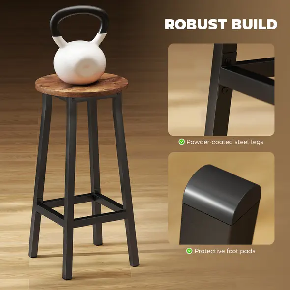 HOMCOM Bar Stools Set of 2 Breakfast Bar Stools with Footrest, Industrial Round, 32 x 32 x 65 cm, Rustic Brown - 5