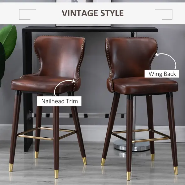 HOMCOM Bar Stools Set of 2, PU Leather Barstools with Back, Footrest and Wood Legs for Kitchen, Counter, Breakfast Bar, Brown - 4