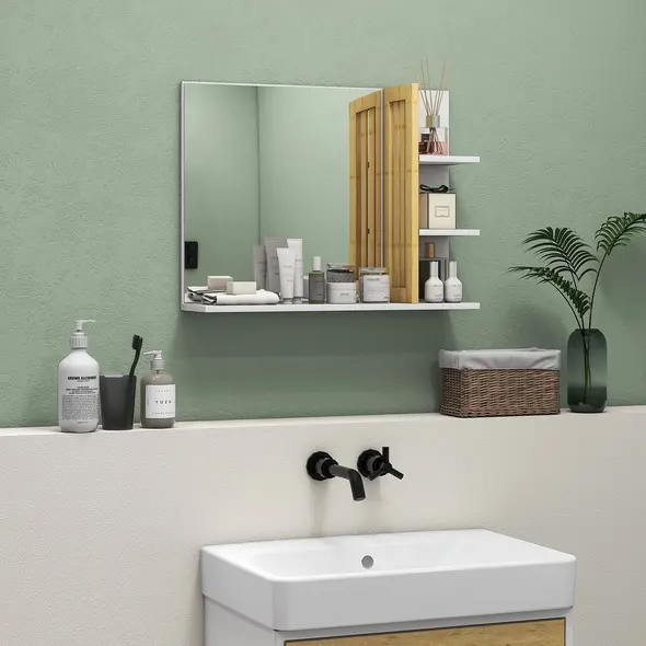 HOMCOM Bamboo Panel Bathroom Mirror, with Shelves - White - 2