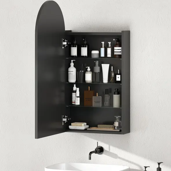 HOMCOM Arched Bathroom Mirror Cabinet with Adjustable Glass Shelves - Black - 7