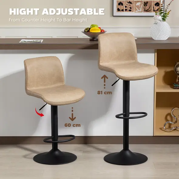 HOMCOM Bar Stools Set of 2, PU Leather Barstools with Backrest and Footrest for Kitchen, Counter, Breakfast Bar, Light Brown - 6