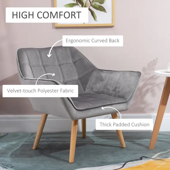 HOMCOM Armchair Accent Chair, Vanity Chair with Wide Arms, Slanted Back, Padding, Metal Frame, Wooden Legs, Home Bedroom Furniture Seating, Set of 2, Grey - 4
