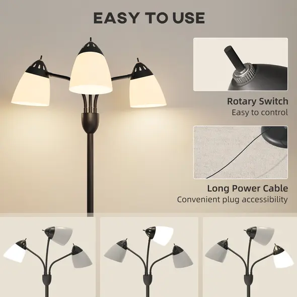 HOMCOM Arc Tree Floor Lamp with 3 Adjustable Rotating Lights and 3000K/4500K/6500K Colour Temperatures, Industrial Standing Lamp with Steel Frame for Bedroom Living Room, 155cm, Black - 7