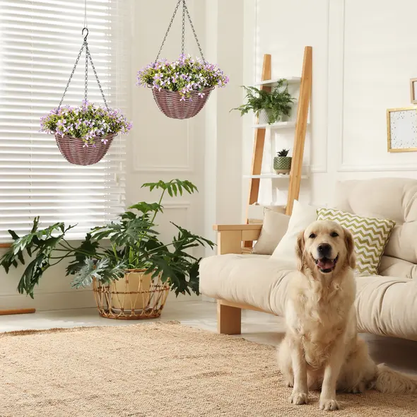 HOMCOM Artificial Flowers in Basket Set of 2, Artificial Hanging Baskets with 75 Leaves and 15 Flowers in Pot, Decorative Plant for Home Office Decor, Purple - 6