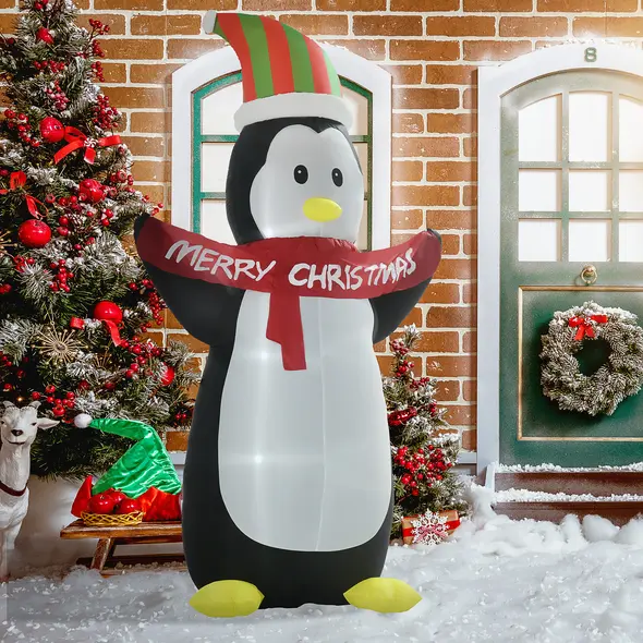 HOMCOM 8ft Inflatable Penguin & Christmas Banner Decoration Indoor Outdoor Weather-Resistant Shell Fun Cute - 2