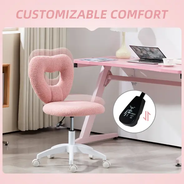 HOMCOM Armless Heart Computer Desk Chair, Teddy Fleece Swivel Office Chair, Makeup Vanity Chair with Height Adjustable, Wheels, for Home Study Bedroom, Pink - 7