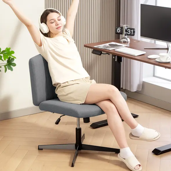 HOMCOM Armless Office Chair No Wheels, Linen Fabric Criss Cross Legged Desk Chair with Wide Seat, Thick Padding, Tilt Function, Height Adjustable Swivel Computer Seat for Home, Grey - 8