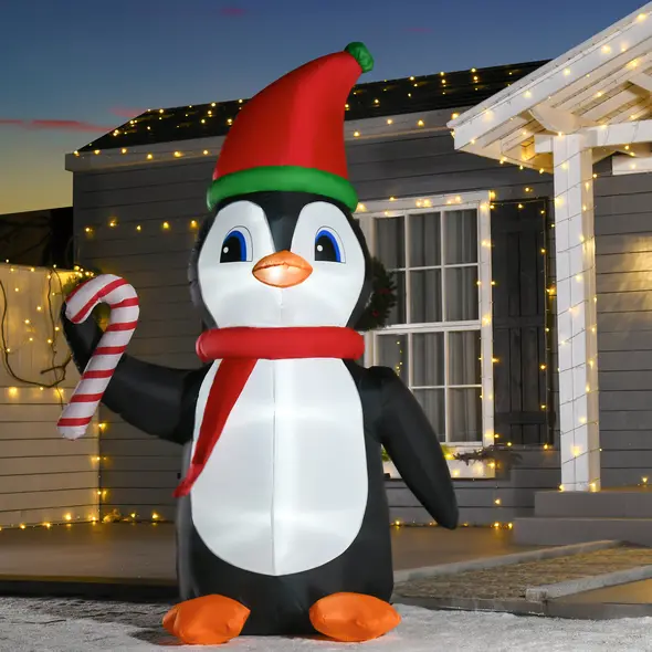 HOMCOM 8ft Inflatable Christmas Penguin Holding Candy Cane Blow Up Outdoor Decoration with LED Lights for Holiday - 2
