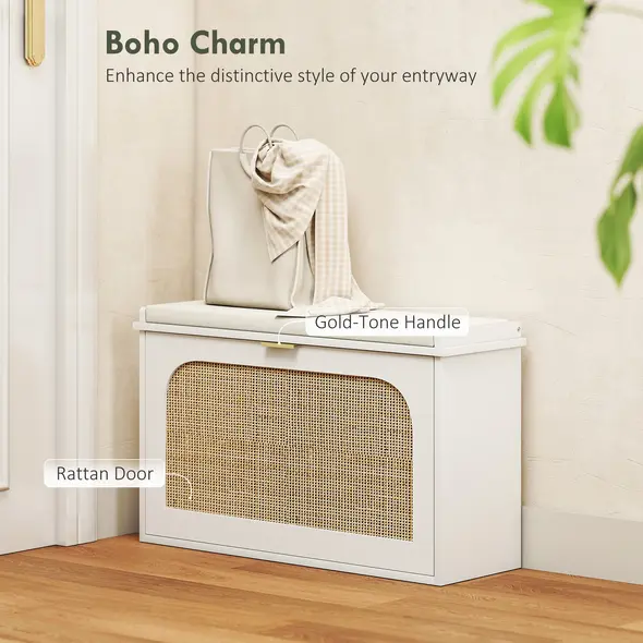 HOMCOM Boho Shoe Bench with Padded Seat and Flip-Drawer - White - 4