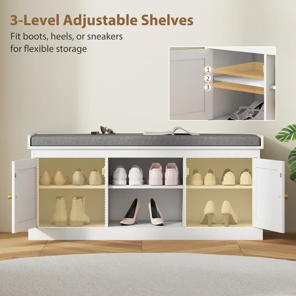 HOMCOM Boho Shoe Storage Bench with Padded Cushion and Rattan Doors - White - 7