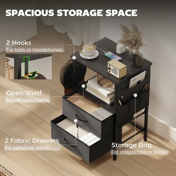 HOMCOM Bedside Table with Charging Station - Black - 6