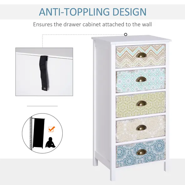 HOMCOM Chest of 5 Drawers Bedside Cabinet Side Storage Chest Entryway Living Room Bedroom Furniture Organizer Unit - 5