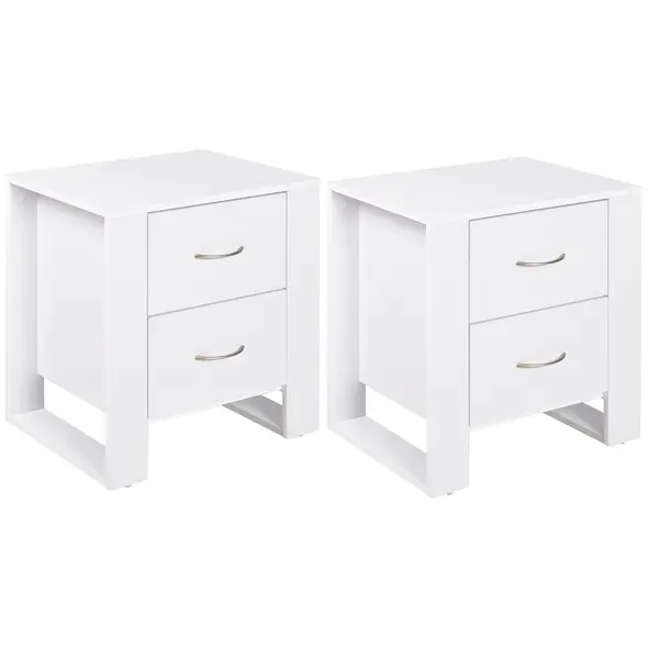 HOMCOM Bedside Table with 2 Drawers, Nightstand with Handles and Elevated Base, Side Table for Bedroom, Living Room, Set of 2, White - 1
