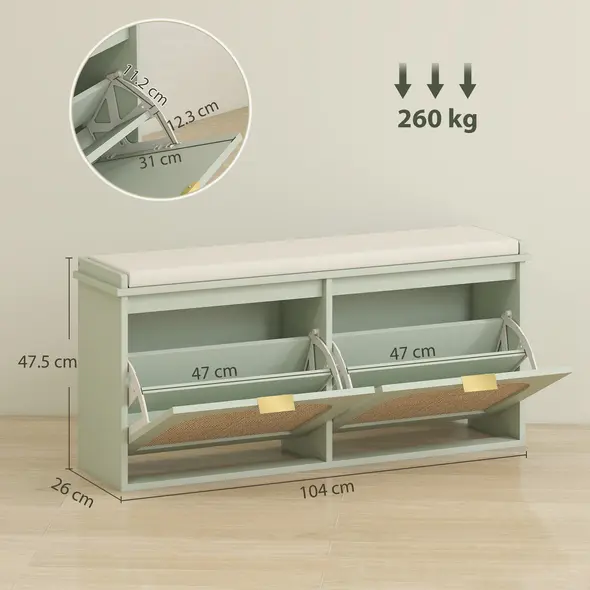 HOMCOM Boho Shoe Bench with Padded Seat and 2 Flip-Drawers - Light Green - 3