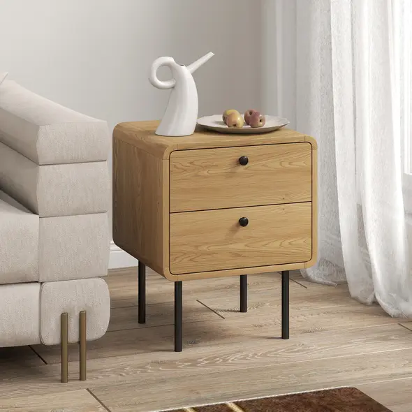 HOMCOM Bedside Table with 2 Drawers and Steel Legs - Oak - 8
