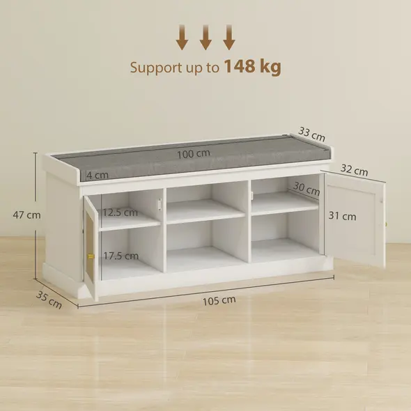 HOMCOM Boho Shoe Storage Bench with Padded Cushion and Rattan Doors - White - 3