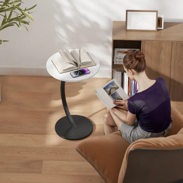 HOMCOM C Shaped Side Table, Round Bedside Table with Marble Effect Top, Modern Coffee Table Sofa End Table with Metal Frame for Living Room Bedroom Office, White - 8