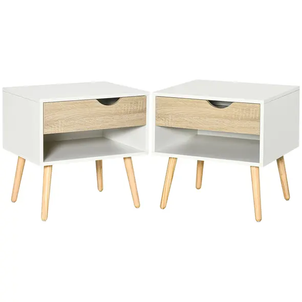 HOMCOM Bedside Table with Drawer and Shelf, Modern Nightstand, End Table for Bedroom, Living Room, Set of 2 - 1
