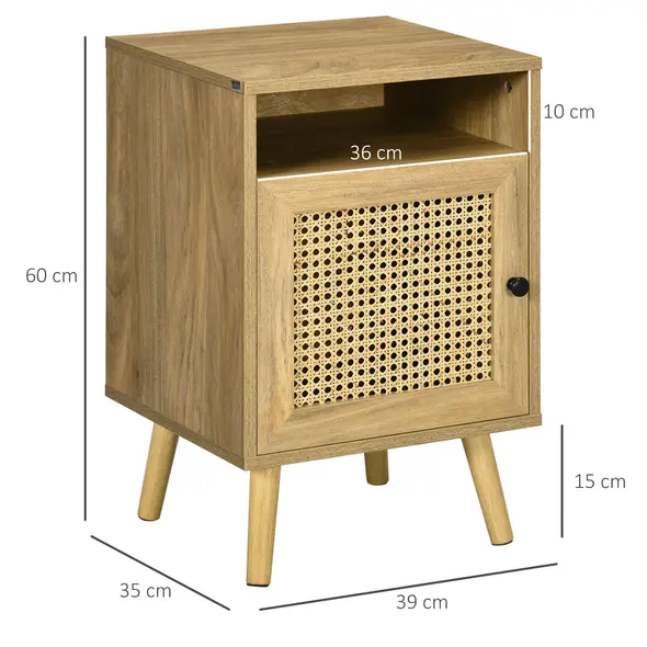 HOMCOM Bedside Table with Rattan Element, Side End Table with Shelf and Cupboard, 39cmx35cmx60cm, Set of 2, Natural - 3