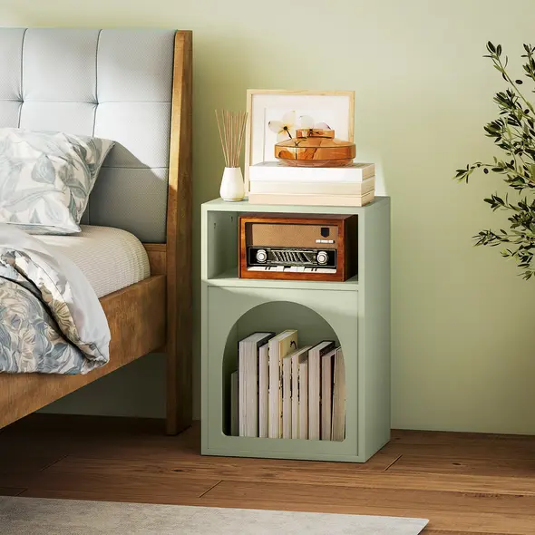 HOMCOM Bedside Table with 2 Open Compartments - Light Green - 2