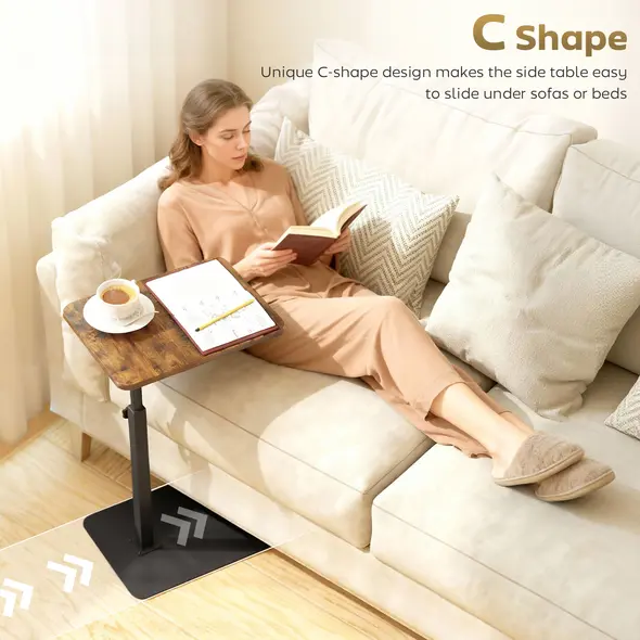 HOMCOM C Shaped Side Table, Small End Table with Adjustable Height and Metal Base for Living Room, Bedroom, Rustic Brown - 4