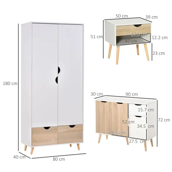 HOMCOM Bedroom Furniture Set, Wardrobe with Hanging Rod, Side Cabinet with Wood Legs, Bedside Table with Drawer, Nature Wood Finish and White - 3