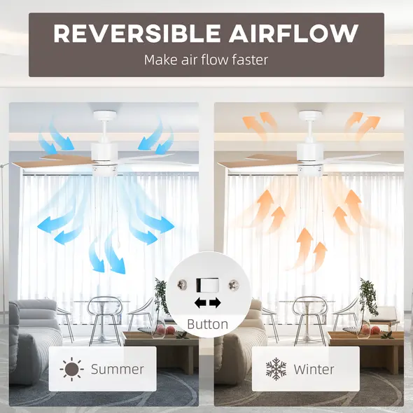 HOMCOM Ceiling Fan with LED Light, Flush Mount Ceiling Fan Lights with Reversible Blades, Pull-chain, White and Natural Tone - 6