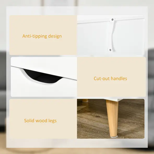 HOMCOM Bedside Table, Bedside Cabinet with 3 Drawers, Side End Table with Pine Wood Legs for Bedroom Living Room, White - 6