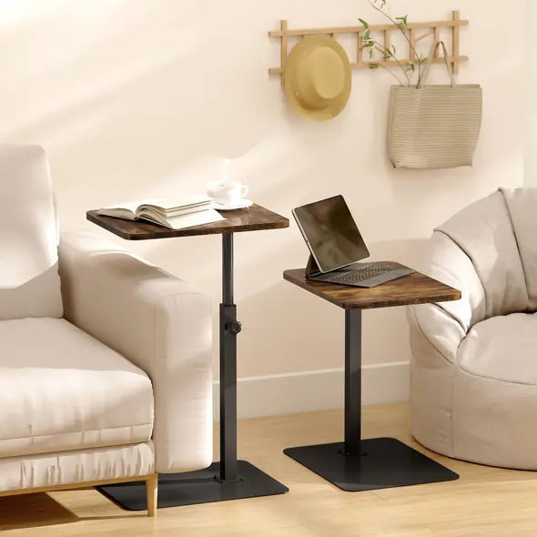 HOMCOM C Shaped Side Table, Small End Table with Adjustable Height and Metal Base for Living Room, Bedroom, Rustic Brown - 2