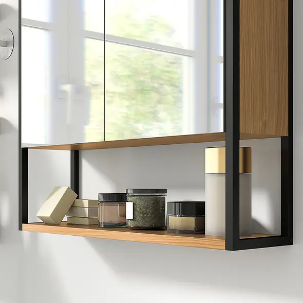 HOMCOM Bathroom Mirror Cabinet with Soft-Close Doors and Adjustable Shelf - Natural Wood Finish - 9