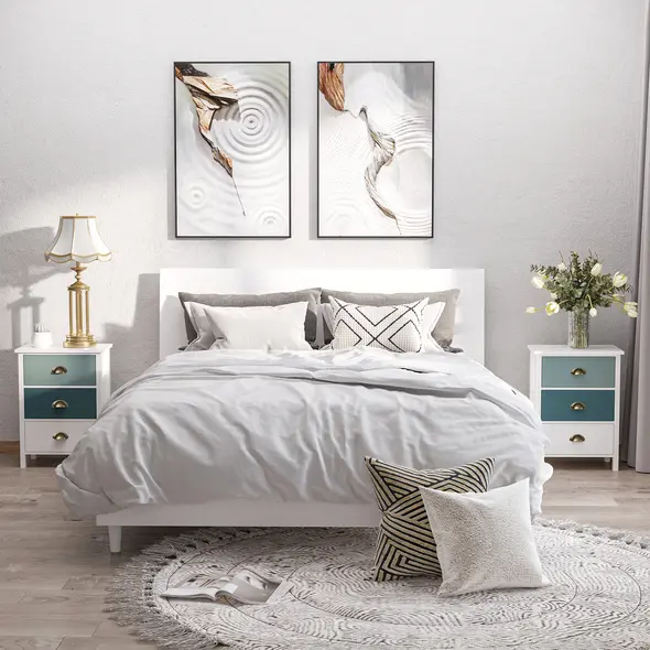 HOMCOM Bedside Table Set of 2 Chest of 3 Drawers Shabby Chic Nightstands with Metal Handle Sofa Side Table for Living Room, Bedroom,Grey and blue - 2