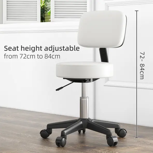 HOMCOM Beautician's Swivel Salon Chair w/ Padded Seat Back 5 Wheels Adjustable Height Salon Hairdressers Tattoo Spa Rolling Cushion Professional 48cm White - 7