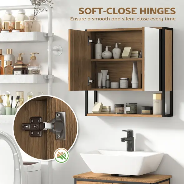 HOMCOM Bathroom Mirror Cabinet with Soft-Close Doors and Adjustable Shelf - Natural Wood Finish - 5