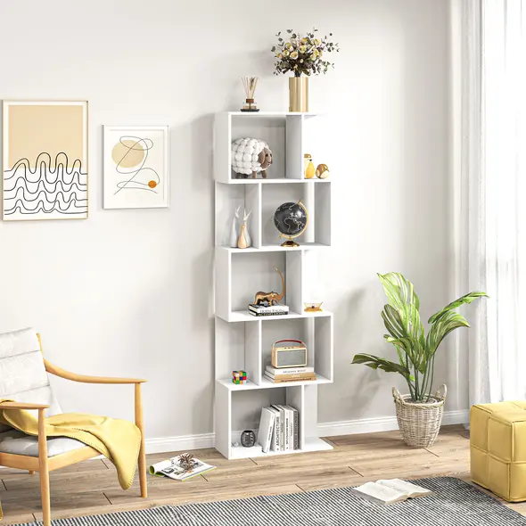 HOMCOM Bookcase, S-Shaped Wooden Bookshelf, 5 Tiers Freestanding Storage Shelf, Home Office Display Stand Rack, White - 7
