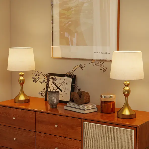 HOMCOM Bedside Lamps Set of 2, Modern Table Lamps with 3 Colour Temperatures, USB A+C Charging Ports and Linen Shade for Living Room Bedroom Office, Gold Tone - 8