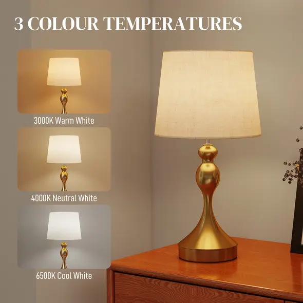 HOMCOM Bedside Lamps Set of 2, Modern Table Lamps with 3 Colour Temperatures, USB A+C Charging Ports and Linen Shade for Living Room Bedroom Office, Gold Tone - 4