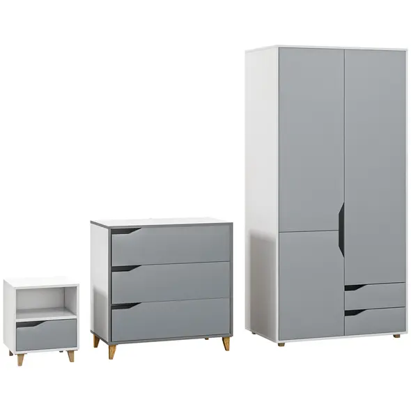HOMCOM Bedroom Furniture Set, Wardrobe with Hanging Rail, 3 Drawer Chest of Drawers, Bedside Table with Drawer, Grey and White - 1