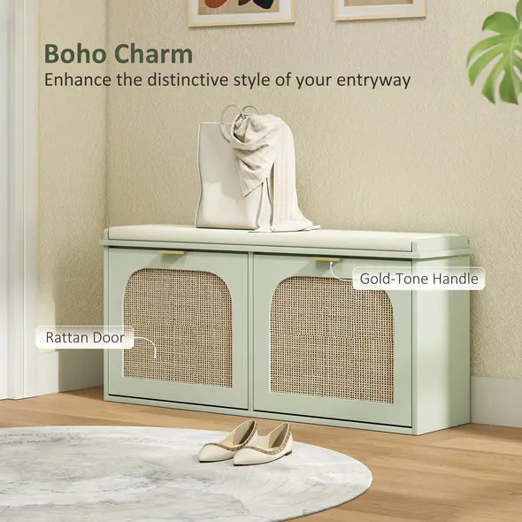 HOMCOM Boho Shoe Bench with Padded Seat and 2 Flip-Drawers - Light Green - 4