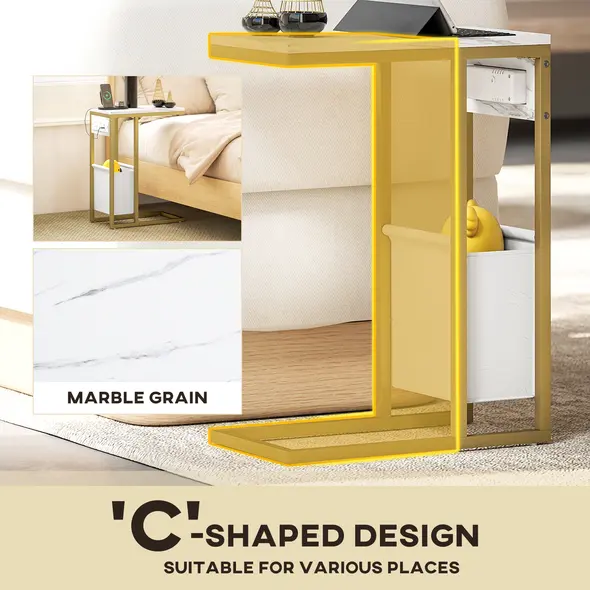 HOMCOM C Shaped Side Table with Charging Station and Faux Marble Top - White - 5