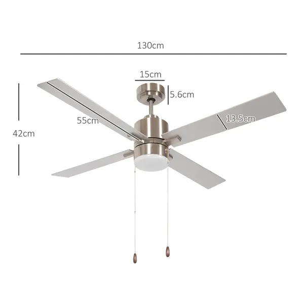 HOMCOM Ceiling Fan with LED Light, Flush Mount Ceiling Fan Lights with Reversible Blades, Pull-chain, Silver and Natural Tone - 3